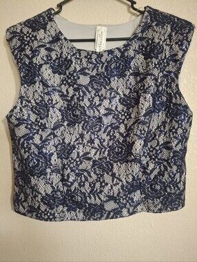 WESTMOON Navy Floral Lace And Sequin Crop Top with Cream Lining